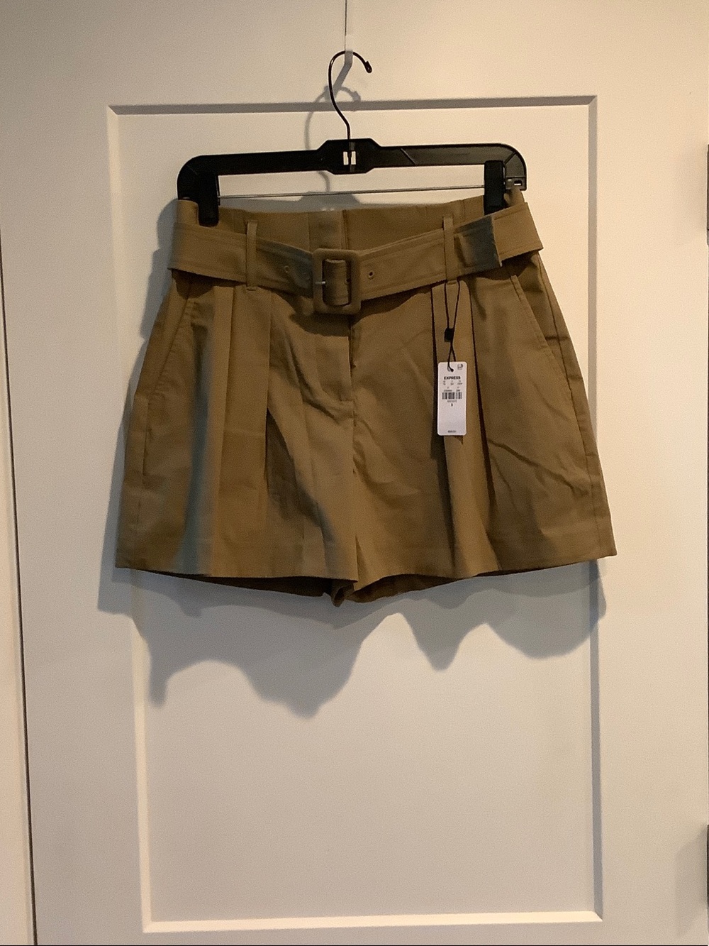 Express Olive-Tan High-Rise Belted Shorts